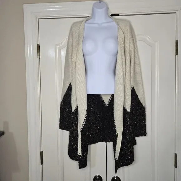 Roly Poly Open Cardigan Loose Knit Sweater Size S/M Ivory‎ Black Metallic - Picture 2 of 7